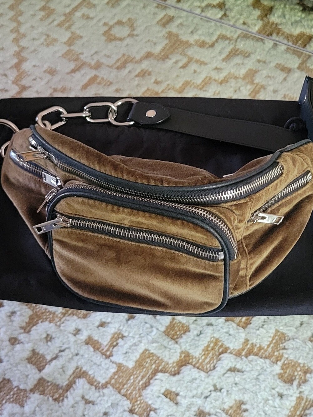 AW-  Velvet Waist Bag in Brown with Chain Accent